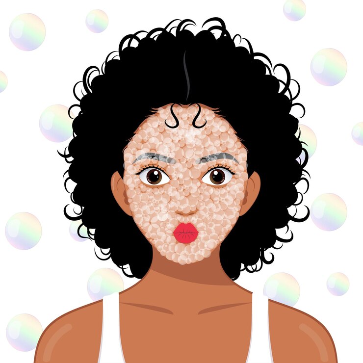 Vector niña africana aplicando máscara de burbujas facial diaria cuidado de la piel concepto de salón de spa de belleza natural cabello rizado