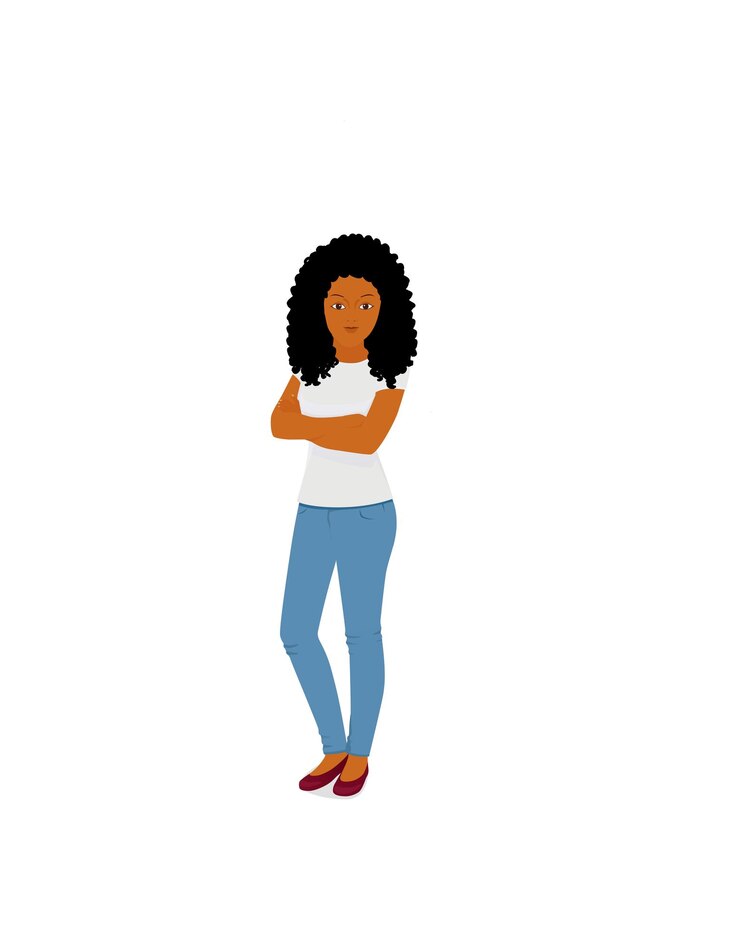 Niña africana de pie en vaqueros con el cabello rizado
