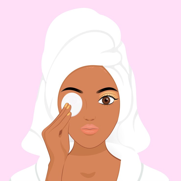 Niña africana Quitándose el maquillaje de la cara con almohadilla de algodón, concepto de maquillaje para el cuidado de la piel, limpiando la cara