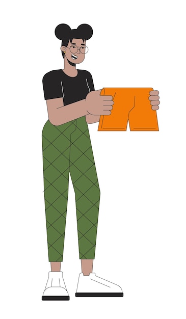 Vector niña afroamericana eligiendo pantalones cortos para el verano personaje de dibujos animados lineal en 2d