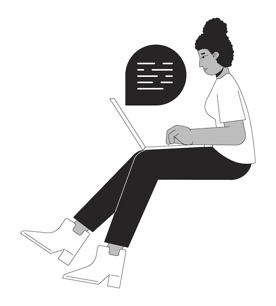 Niña afroamericana escribiendo en la computadora línea plana carácter vectorial blanco y negro contorno editable cuerpo completo mujer vista lateral comunicarse Ilustración de puntos aislados de dibujos animados simples para diseño gráfico web