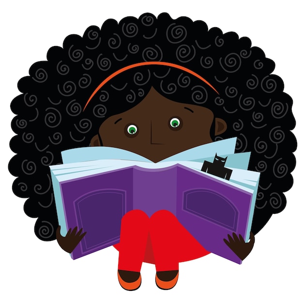 Una niña afroamericana está leyendo un libro.