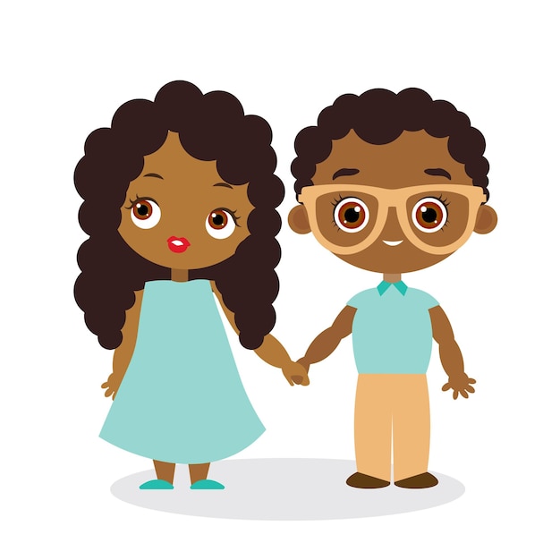 Niña afroamericana y joven afroamericano con gafas. ilustración vectorial eps 10 aislado sobre fondo blanco. estilo de dibujos animados plana.
