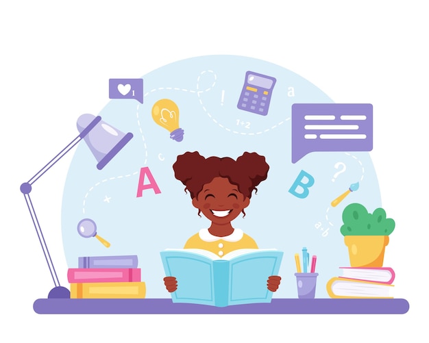 niña afroamericana leyendo un libro niña haciendo la tarea de regreso a la escuela