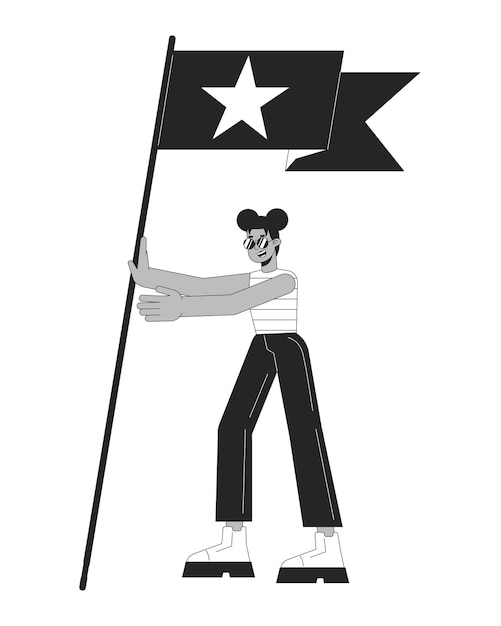 Niña afroamericana de moda callejera con bandera de línea plana personaje vectorial blanco y negro contorno editable cuerpo completo persona fangirling simple dibujos animados ilustración de puntos aislados para diseño gráfico web