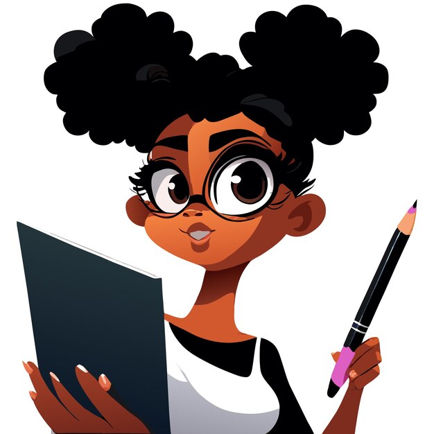 Vector niña afroamericana negra que estudia dibujada a mano plano elegante pegatina de dibujos animados icono concepto aislado