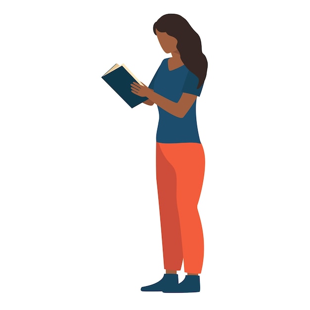 Niña afroamericana de pie y leyendo un libro. ilustración vectorial