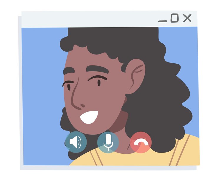 Vector niña afroamericana sonriente haciendo videollamas gente hablando entre sí en la pantalla de la computadora conferencia videollama trabajando desde casa ilustración vectorial de distanciamiento social
