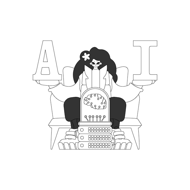 Niña agarra letras de IA y reflexiona sobre el tema de IA en diseño de vectores lineales