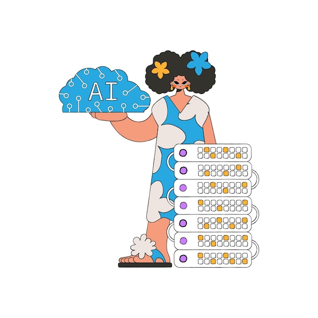 Niña agarrando un cerebro de IA, una imagen vectorial.
