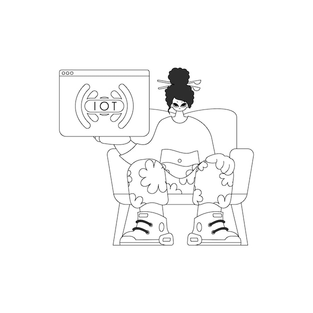 Una niña agarrando un logotipo de IoT en un estilo de arte de línea vectorial