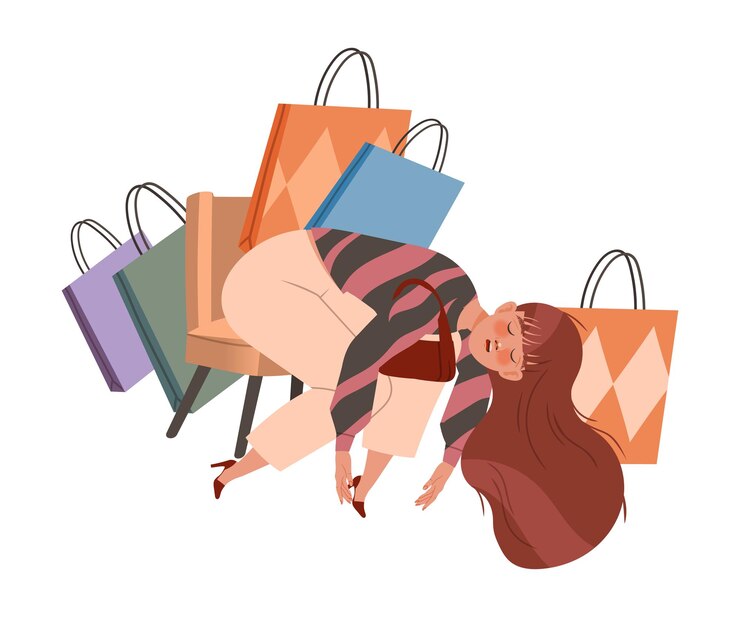 Vector niña agotada y agotada sentada en una silla después de las compras ilustración vectorial de dibujos animados de la temporada de ventas