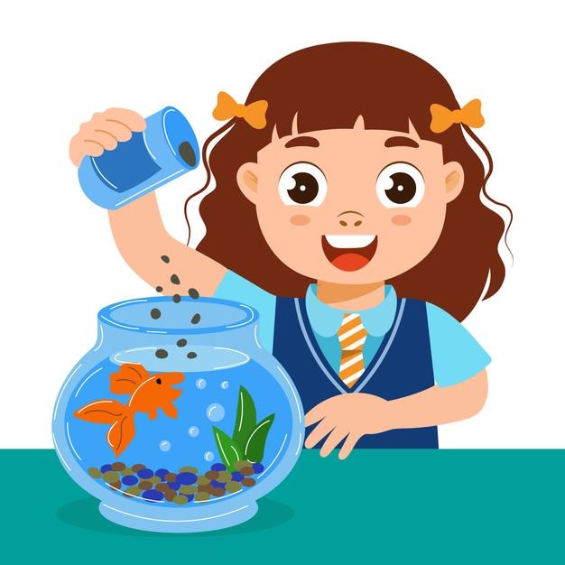 Una niña alegre alimenta a un pez en un acuario de cristal. Concepto de cuidado de mascotas. Ilustración, vector