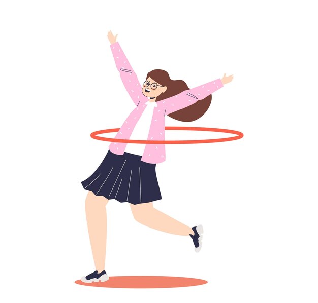 Niña alegre disfruta jugando con hula hoop Niño activo girando el anillo alrededor de la cintura feliz sonriendo
