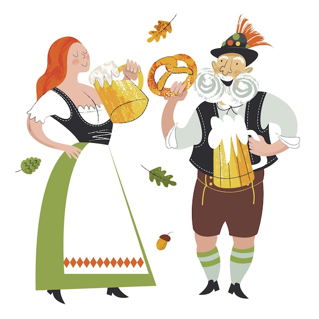 Vector una niña y un anciano alemán en trajes nacionales están bebiendo cerveza ilustración vectorial