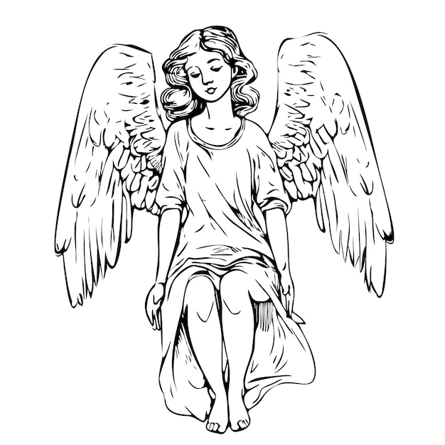 Vector niña ángel con alas sentada boceto dibujado a mano en ilustración de estilo doodle