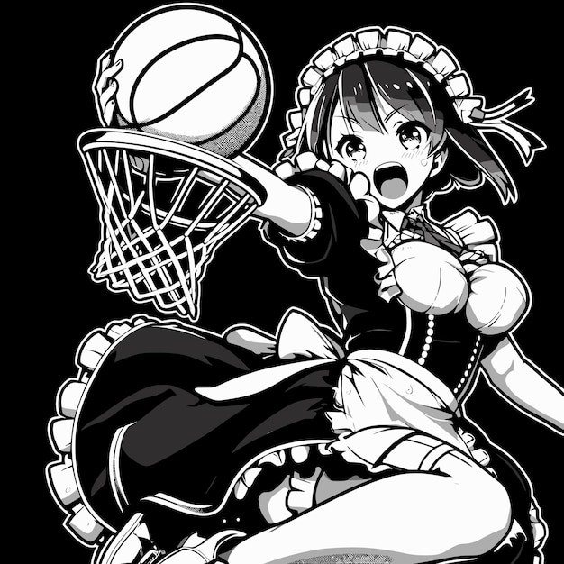 Vector niña de anime jugando al baloncesto en cosplay sumergiendo la pelota ilustración vectorial en blanco y negro