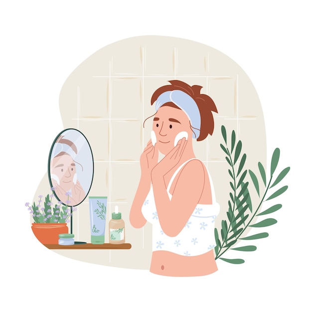 Niña aplicando productos de limpieza e hidratación para el cuidado de la piel facial en casa Rutinaria de cuidado de la pellejo cotidiana f