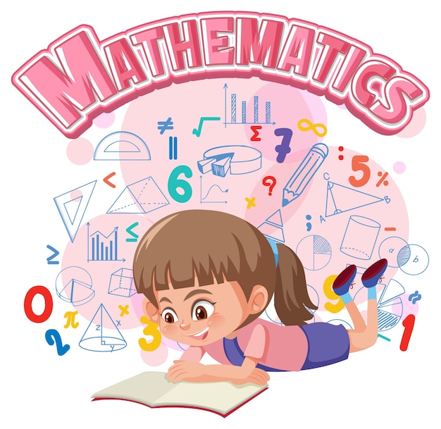 Vector niña aprendiendo matemáticas con símbolo e icono de matemáticas