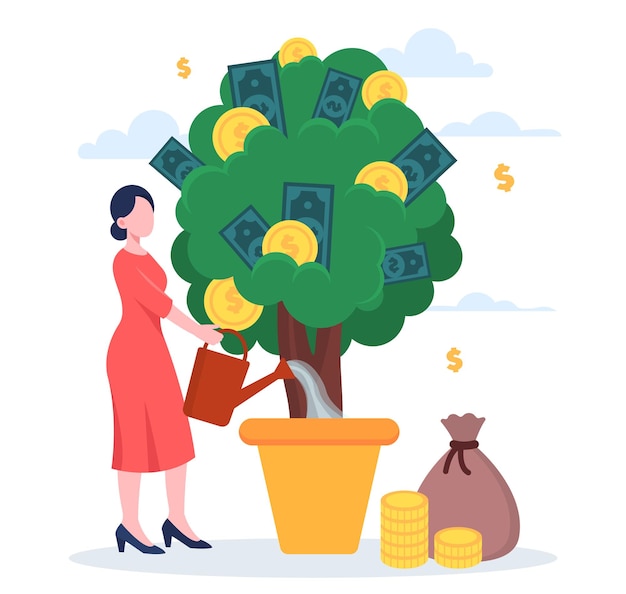 Vector niña con árbol de dinero concepto de ganancias inversiones correctas alfabetización financiera mujer regando su