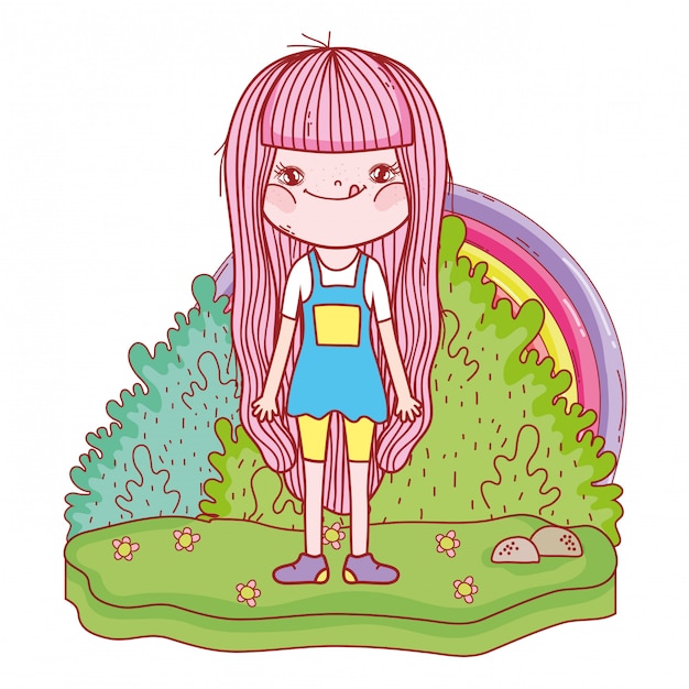 Niña con arcoiris en el paisaje.