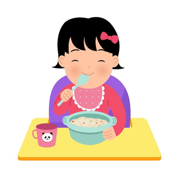 Vector niña asiática sentada en una silla de bebé comiendo un plato de gachas de avena por sí misma. ilustración de crianza feliz. día mundial del niño. en fondo blanco.