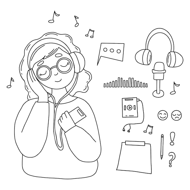 Vector niña con auriculares escucha música colección de garabates podcast música afición y personaje femenino lindo