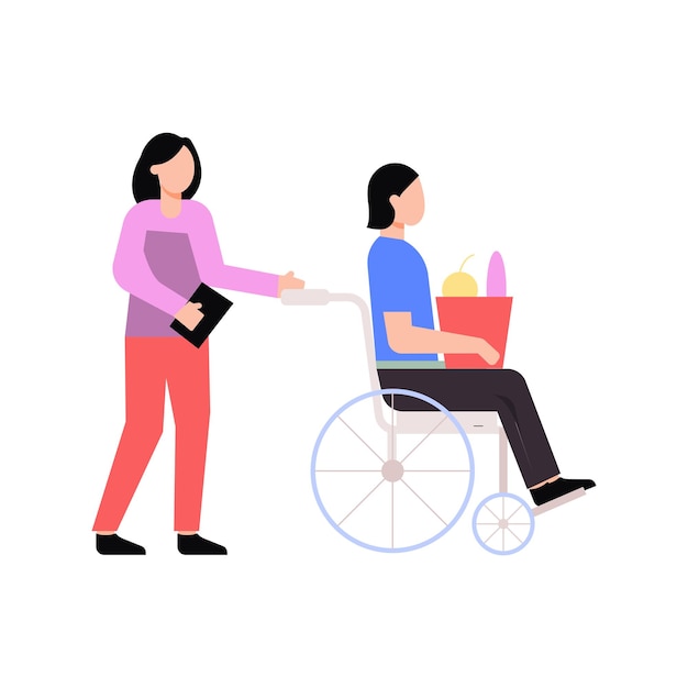 Vector una niña ayudando a una niña discapacitada en una silla de ruedas