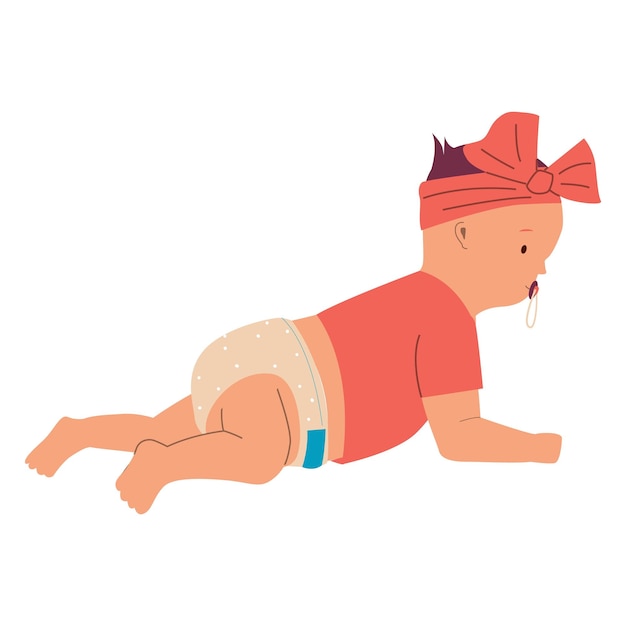 Niña bebé dibujos animados niño recién nacido adorable en pañal o traje de cuerpo arrastrándose niño pequeño caucásico bebé con chupete edad humana niño inocente pequeña hija linda ilustración vectorial