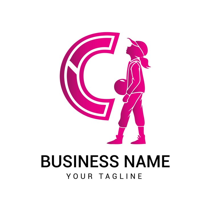 Vector niña con béisbol y el logotipo de la letra c