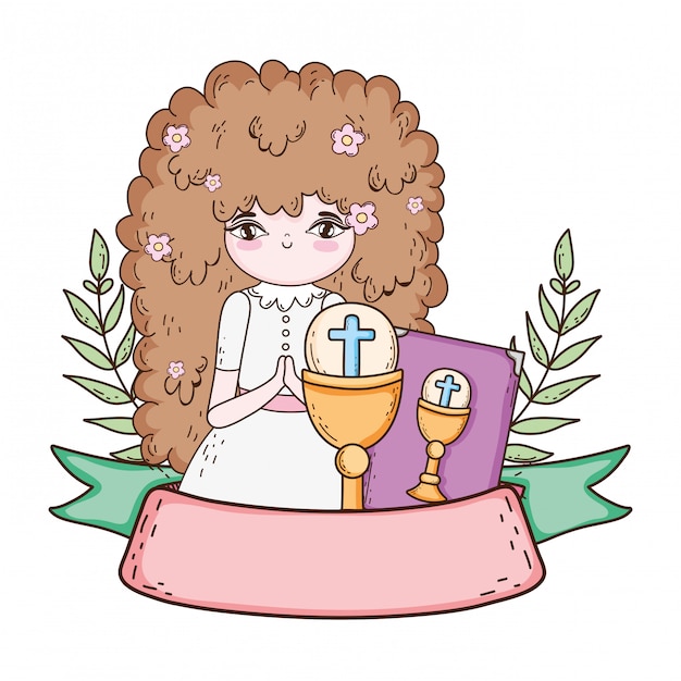 Vector niña con biblia en primera comunión celebración.