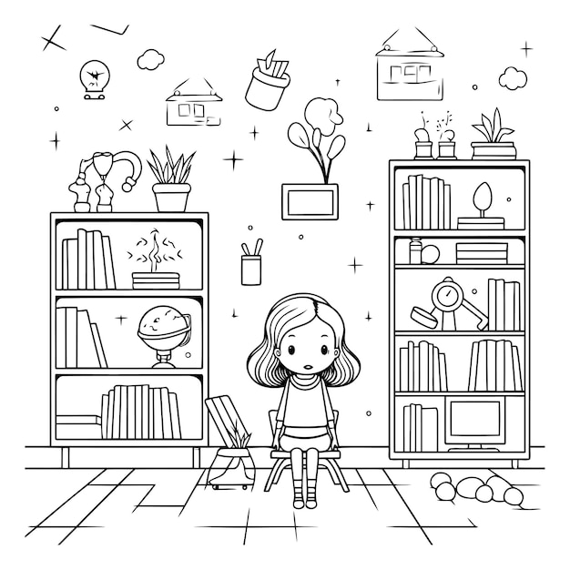 Vector niña en la biblioteca libro para colorear para niños