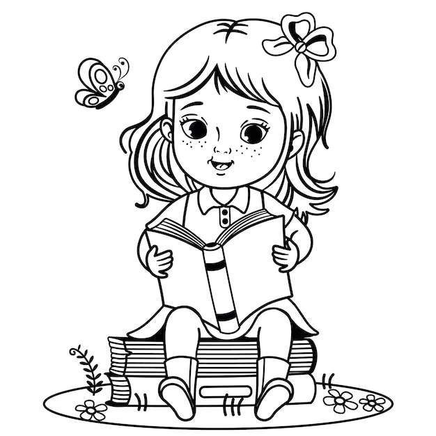 Niña en blanco y negro está leyendo un libro Ilustración vectorial