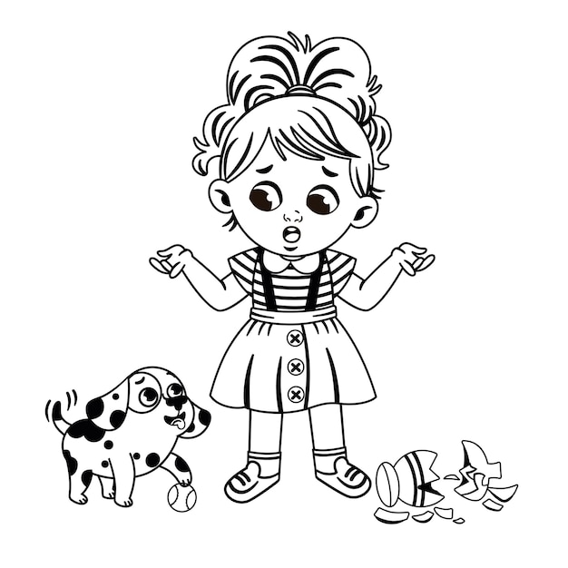 Niña en blanco y negro y su perro ilustración vectorial