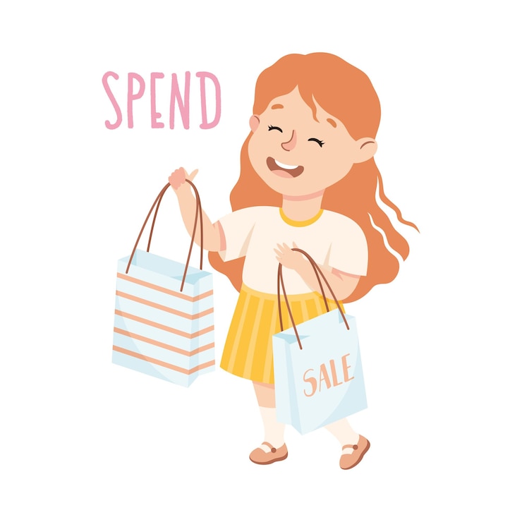Vector niña con bolsas de compras gastando dinero demostrando vocabulario y verbos estudiando ilustración vectorial
