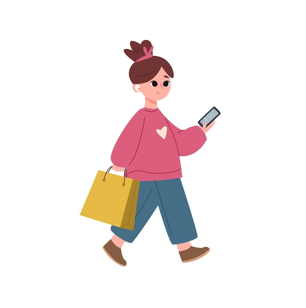 Niña con bolsas de compras y ilustración vectorial de teléfono móvil aislada en fondo blanco