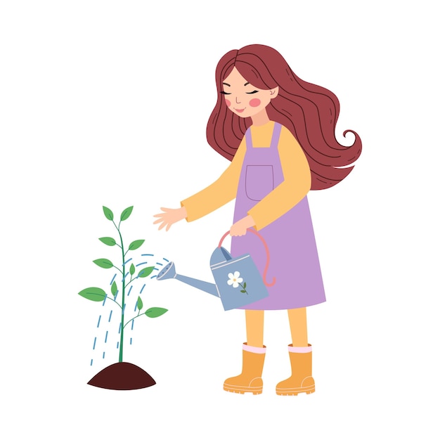 Niña bonita dibujada a mano regando plantas jóvenes Ilustración conceptual del medio ambiente Día Mundial del Medio Ambiente
