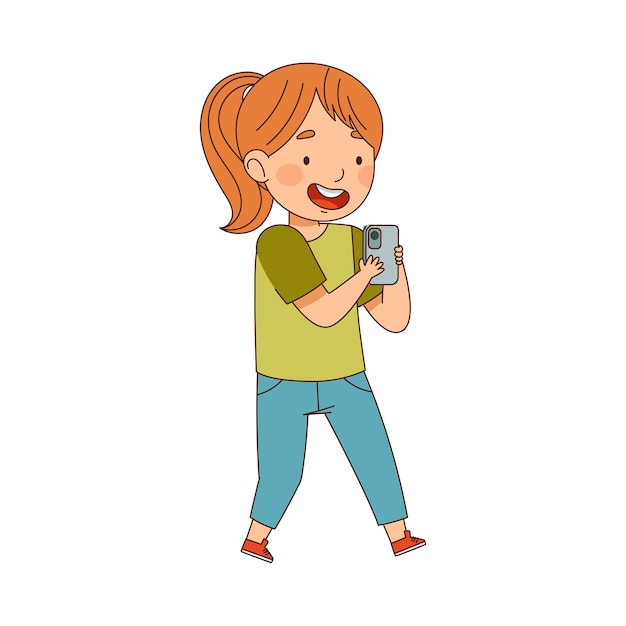Una niña bonita usando su teléfono inteligente como un gadget electrónico Ilustración vectorial
