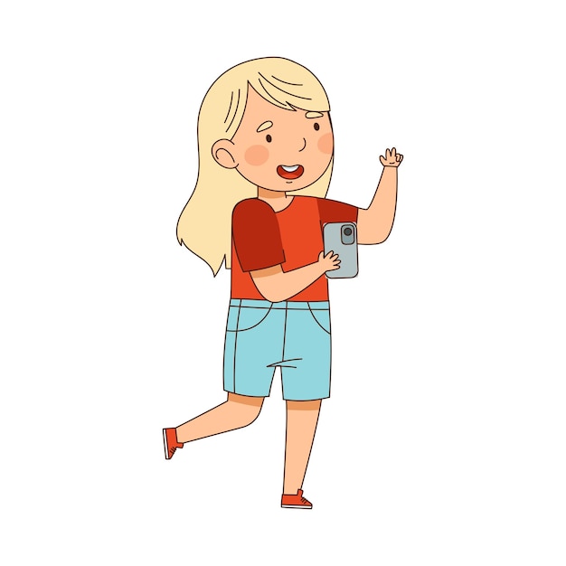 Una niña bonita usando su teléfono inteligente como un gadget electrónico Ilustración vectorial