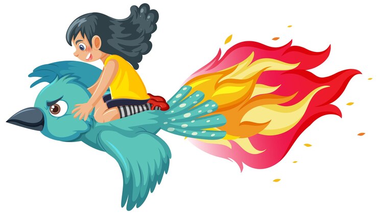 Vector una niña cabalgando sobre un pájaro con fuego.