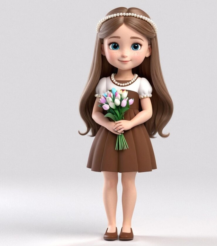 Vector niña de cabello largo cuidadosamente estilizada con flores y perlas y vestido marrón