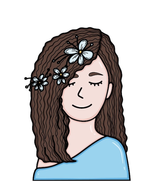 Una niña con cabello largo y flores sonríe con los ojos cerrados por un hombre dudl coloración de dibujos animados lineales