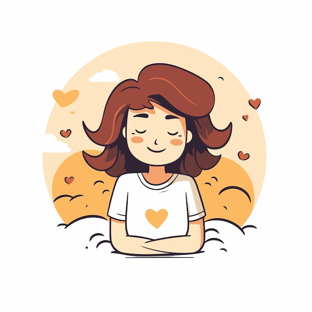 Vector niña con el cabello rojo largo en una camiseta blanca con un corazón ilustración vectorial