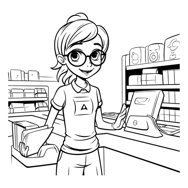 Vector niña en la caja registradora en una tienda ilustración vectorial en blanco y negro