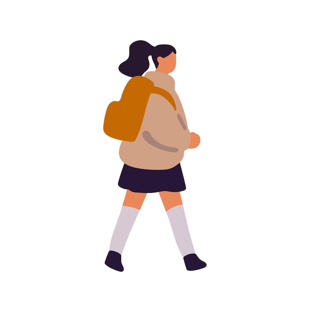 Vector niña con calcetines de rodilla se apresura a la escuela estudiante lleva mochila mujer joven con ropa casual va a caminar alumno con cola de caballo paseo vista lateral ilustración vectorial aislada plana sobre fondo blanco