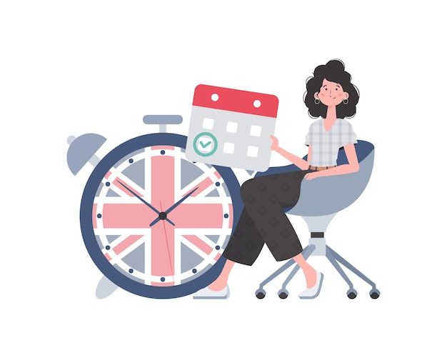 Niña un calendario con una fecha marcada y un reloj El concepto de aprender inglés aislado Estilo plano de moda Ilustración vectorial