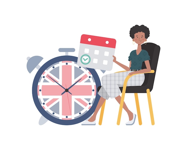 Niña un calendario con una fecha marcada y un reloj El concepto de aprender inglés aislado plano de estilo moderno vectorial