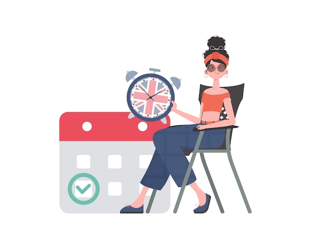 Niña un calendario con una fecha marcada y un reloj El concepto de aprender inglés Estilo de moda aislado Vector