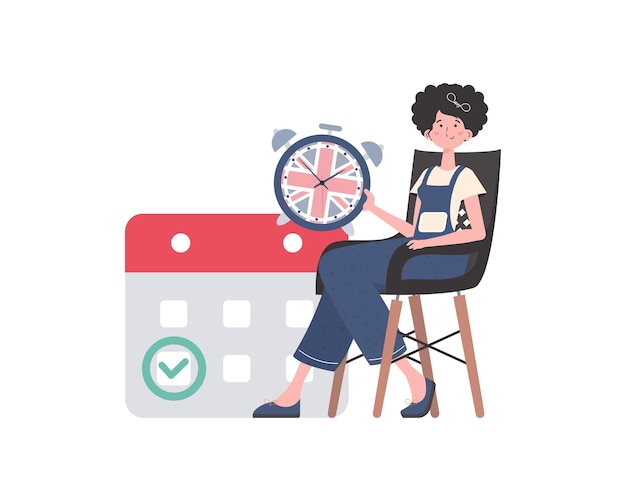 Niña un calendario con una fecha marcada y un reloj El concepto de aprender inglés Ilustración vectorial de estilo de moda aislado