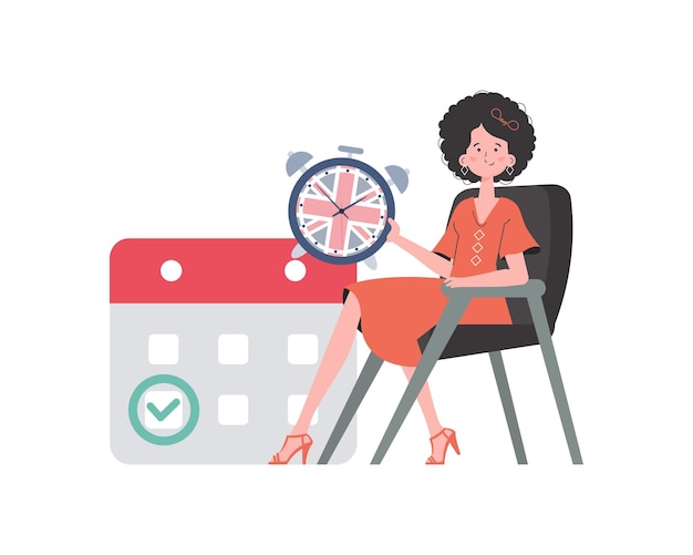 Niña un calendario con una fecha marcada y un reloj El concepto de enseñar inglés Ilustración vectorial de estilo de moda aislado